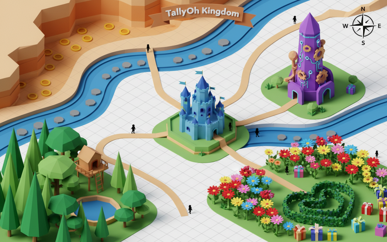 TallyOh Kingdom Map — Four Adventure Lands connected by rivers and paths